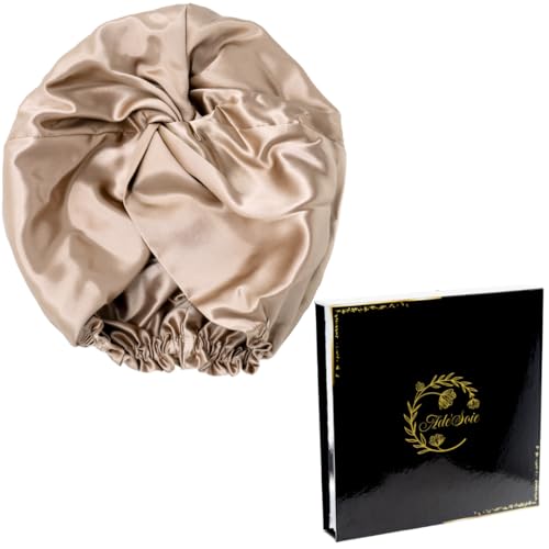 Ade'Soie - Coffret Cadeau Femme Bonnet en Soie doré 22 Momme 100% Soie de mûrier Grade 6A I Turban Femme Soin des Cheveux Anti frisottis Nuit et Jour I Bonnet de Nuit Tous Types de Cheveux