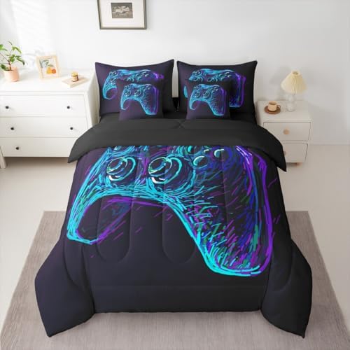 Erosebridal Gamer Twin Comforter Set with Sheets 7 Piece Boys Teens Gamepad Bed in A Bag Gaming Comforter Sets,Video Game Bed Set