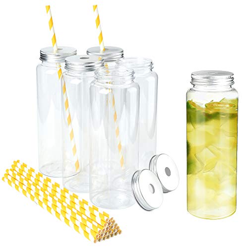 Lanthour Marmeladengläser, Kunststoff, BPA-frei, Trinkgläser mit Deckel und Strohhalm, gerade Flasche, geeignet für Party, Zuhause, Büro, Schlafsaal, Milchtee-Geschäfte, 6 Stück Cover