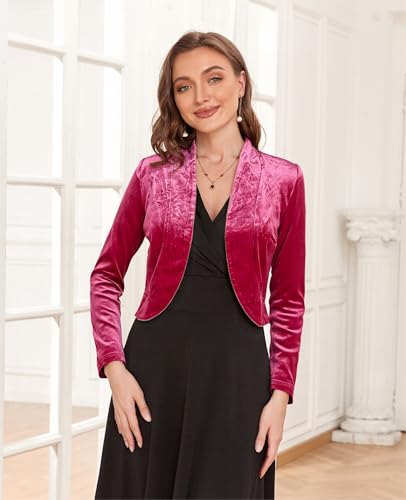Image of Women's Long Sleeve Velvet Shrug for Dresses Cocktail Party Open Front Cropped Bolero Cardigan Top