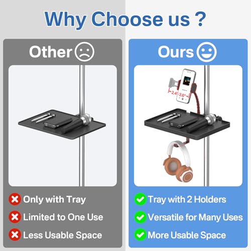 Chunxiao Functional Microphone Stand Tray with Adjustable Mic Stand Phone Holder - 8.7"x6.5" Mic Stand Tray Shelf Clamp-On Music Stand Accessory for Live Streaming Karaoke Recording