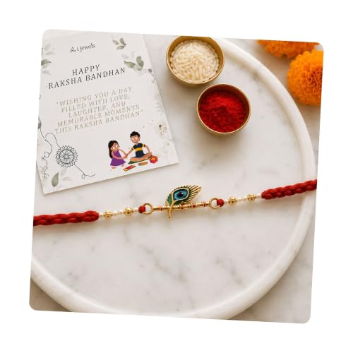 Image of I Jewels Traditional Peacock Feather Designer Rakhi for Men Boys Brother Roli Chawal & Raksha Bandhan Card