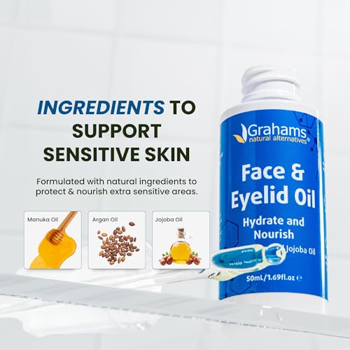 Image of Grahams Natural Face & Eyelid Oil - For Very Dry Skin Around Eye & Face, Eczema & Perioral Dermatitis - Steroid-Free, Hypoallergenic, Non-Comedogenic - 100% Pure - with Argan & Jojoba Oil (1.69 Fl Oz)