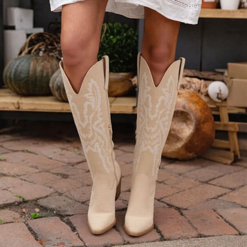 Erocalli Knee High Boots Women Cowgirl Cowboy Western Fall Chunky Block High Heel Tall Long Fashion Boot Side Zipper