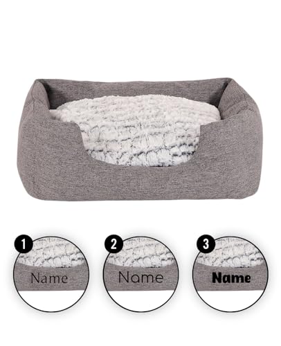 lionto Hundekörbchen mit flauschigem Wendekissen, kuscheliges Heimtierbett in meliertem Design mit tiefem Einstieg für Hunde & Katzen Aller Größen, 60x50 cm, weiches Hundebett, grau (Namensaufdruck)