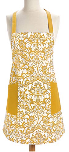 DII Cotton Adjusatble Women Kitchen Apron with Pockets and Extra Long Ties, 37.5 x 29, Cute Apron for Cooking, Baking, Gardening, Crafting, BBQ-Damask Mustard