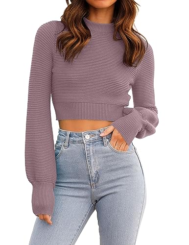 ZESICA Women's Spring Mock Neck Cropped Sweaters 2026 Long Sleeve Soft Ribbed Knit Pullover Jumper Tops Purple Small
