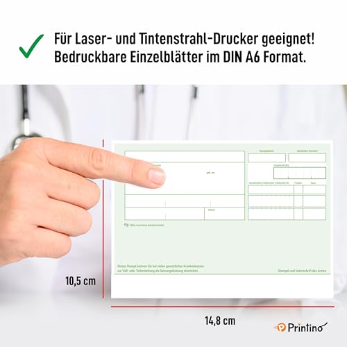 PRINTINO® | Privatrezepte grün für Ärzte und Heilpraktiker | 250 Blatt DIN A6 | Vorlage für Arztempfehlung | Privatrezept Vordruck | Arzt Zubehör | blanko Rezept | ungeblockt