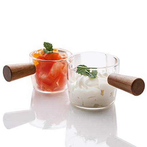 WUYIAZHI Set of 2 Small Glass Creamer Pitcher Clear Syrup Pitcher Gravy Boat Milk Pourer Mini Soy Sauce Dish with Wood Handle for Mothers Day Housewarming Gift 17Oz&34Oz