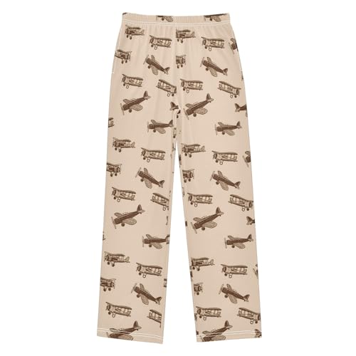Retro Cartoon Airplane Pajama Pants Lounge Sleep Pants Elastic Waist Long Pajama Bottoms with Pockets for 6-14 Years