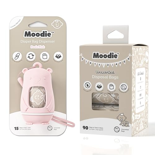 Image of Moodie Teddy Bear Diaper Bag Dispenser w/Silicon Strap (ROSIE PINK) & 6 Refill Roll PACK (UNSCENTED - 105 Bags TOTAL) | Diaper Bag Essential Items