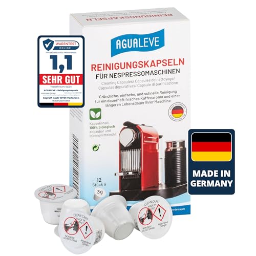 AGUALEVE® Cápsulas de limpieza Nespresso 12 unidades NUEVO | aptas para todas las máquinas Nespresso excepto la línea Vertuo | Calidad de marca Made in Germany | Fórmula de limpieza 360°
