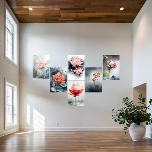 Image of SiddArtify Lotus Flower Wall Art Prints Set - Watercolor Floral Poster Decor for Living Room Bedroom Office - 12x18 inch Sticker Pack of 6