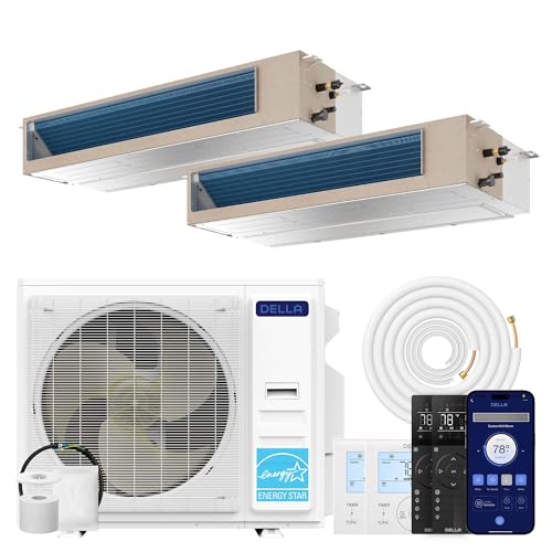DELLA 34K BTU 2 Zone (22,000+22,000 BTU) Concealed Ducted Mini Split AC, 20 SEER2, Energy Star, 230V Inverter Heat Pump System, Pre-Charged, Compatibl