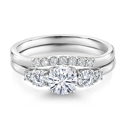 Gem Stone King 10K White Gold White Customized and Personalized 5MM and 3MM Round Gemstone Birthstone and White Lab Grown Diamond 5 Stone Bridal Engagement Wedding Ring Set For Women