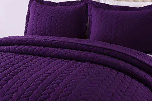 Marcielo 3 Piece Lightweight Bedspread Quilt Set Microfiber Quilt Bedspreads Bed Coverlet Set Prewashed Leaf (Purple, King) #TOP3