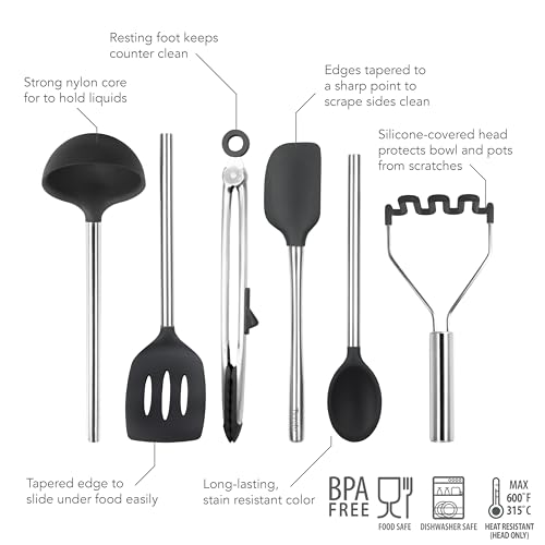 Image of Tovolo Silicone Cooking Utensil Set of 6 Stainless Steel Handle Ladle Slotted Turner Tongs Flex Core Spatula Scraper Mixing Spoon & Potato Masher, Dishwasher Safe BPA Free Utensils, Black