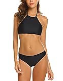 Ekouaer Womens Forest Leaves Printing High Neck Halter Bikini Set Swimsuit Dark Black