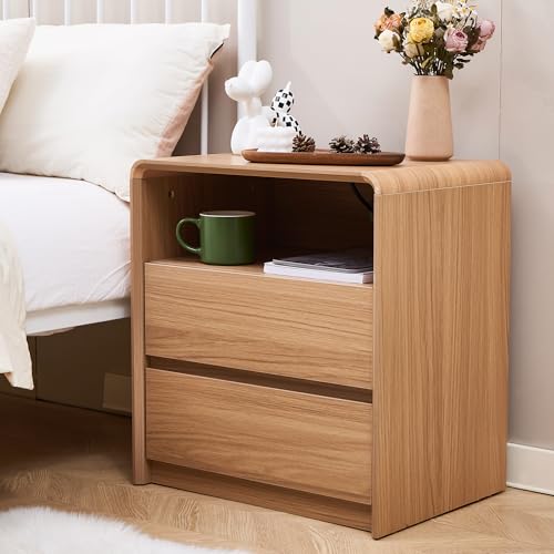 Modern Set Nightstand for Bedroom,Maple Nightstand,2 Storage Drawers Side Table,21.6" Wide Wood Bedside Table with Charging Station,Curved Profile Design,End Table for Bedroom.