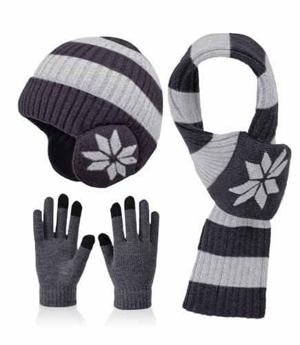 Image of Kids Winter Hat Scarf Gloves Set 3Pcs, 3-12Y Fleece Lined Beanie With Earmuffs Double Layer Scarf Touchscreen Gloves Toddlers