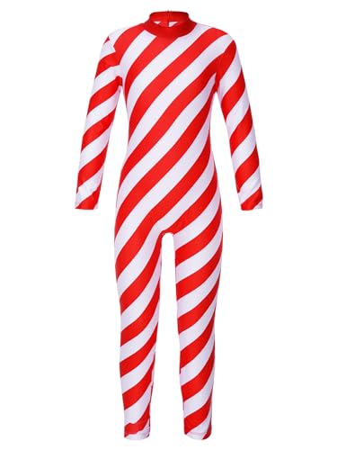 Nyeemya Disfraz Bastones de Caramelo para niñas Disfraz Navidad Ropa de Baile Mono Completo sin mangas con Falda de tul Leotardo de rayas y Guantes de Brazo Rojo E 5-6 años