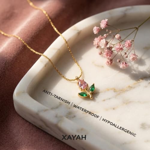 Image of Pink and Green Mini Tulip Pendant Necklace for Women with Pink Crystal, Floral Charm Chain Stainless Steel Anti Tarnish Waterproof Hypoallergenic, Gift for Her