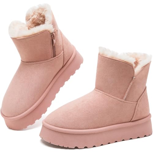 Image of THATXUAOV Womens Ankle Winter Boots, Anti-Slip Suede Mini Boot For Women,Side Zipper Platform Slip On Snow Boots With Fur Lining