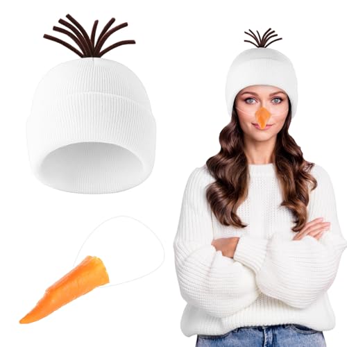 Toulite 2 Pcs Snowman Cosplay Costume Unisex White Beanie Knit Hats and Orange Carrot Nose Christmas Halloween Funny Snowman Accessory for Winter Holiday Cosplay Party