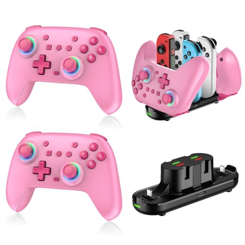 2 Pack Switch Controllers with Charging Dock, Wireless Switch 2 Controller for Nintendo Switch1/2/OLED/Lite, Switch2 Pro Controller with RGB/Wake up/Turbo/6-Axis Gyro/Dual Vibration//Screenshot-Pink image 2