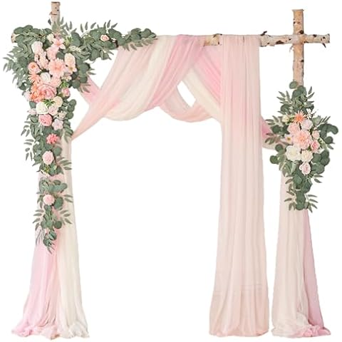 WEIERYUE Deluxe Pink Artificial Wedding Arch Flowers with Drapes Kit-Pack of 5, 2pcs Flower Arrangements 3pcs Hanging Sheer Drapes Blue Ceremony Arbor Reception Backdrop Rose Floral Decorations. Cover