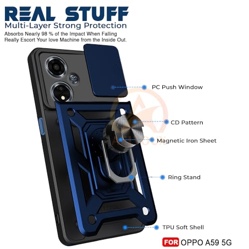 Image of Armor Bumper Back Cover Case for Oppo A59 5G Rotating Camera Cover, Ring Holder & Kickstand | Heavy Duty & 360 Degree Protection Oppo A59 5G Back Cover (Blue)