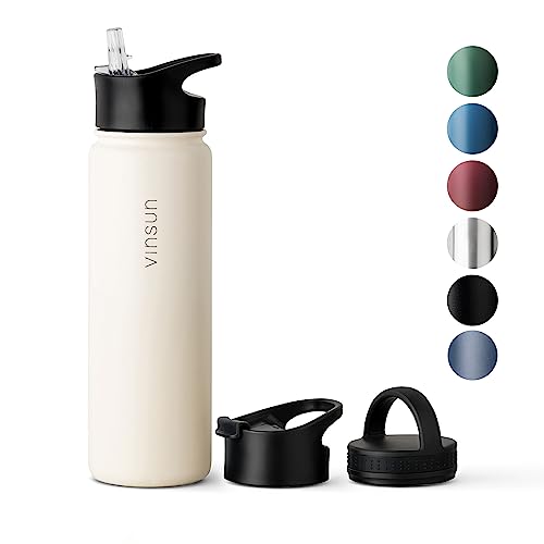 Vinsun Edelstahl Trinkflasche 750ml - 3 Deckel - auslaufsicher, Kohlensäure geeignet, BPA frei - Thermosflasche Sport, Outdoor, Schule, Uni, Fahrrad, Büro, Gym