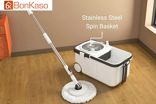 Image of BonKaso Rider Spin Mop 360 with Stainless Steel Wringer, Big Wheels & Adjustable Handle, Floor Cleaning Mop Bucket Set with 2 Microfiber Refills - Grey & Black