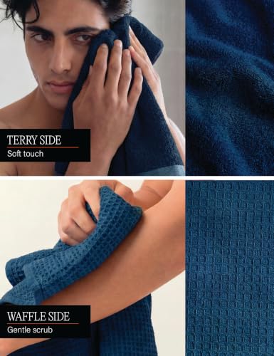 Image of DAMENSCH Unisex Premium Bamboo Blend, Ultra-Soft, Absorbent, Dual Waffle and Terry Texture Waffle Hand Towel - Ocean Blue - Pack of 2