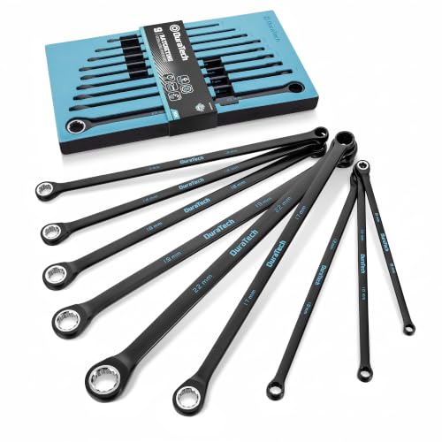 Image of DURATECH Extra Long Ratcheting Wrench Set, Double Box End, Metric, 9-Piece | 8mm-22mm, CR-V Steel, Black Electrocoat, Blue Size Markings, Corrosion Resistance, for Narrow Spaces, with EVA Foam Organizer