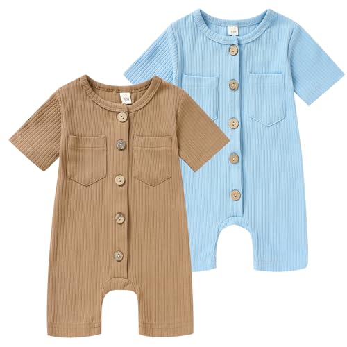 Image of TITKKOP Newborn Baby Boy Girl Clothes 2 Pack Solid Romper Short Sleeve One-Piece Jumpsuits Outfits Sets