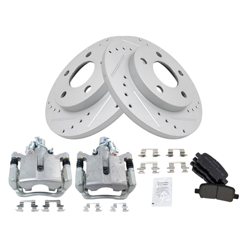 Image of TRQ Performance Rear Brake Pad and Rotor Set Semi Metallic Coated Drilled | For 05-09 Buick LaCrosse 11-13 Chevrolet Impala 14-16 Impala Limited 05-08 Pontiac Grand Prix