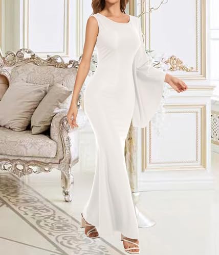 Image of Women's Elegant One Bell Sleeve Side Split Bodycon Long Formal Evening Dress