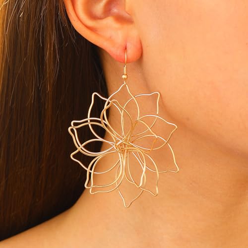 Gold Big Flower Statement Earrings for Women Dangling Boho Vintage Large Daisy Floral Petal Hook Earrings Handmade Wire Wrap Floral Dangle Earrings3
