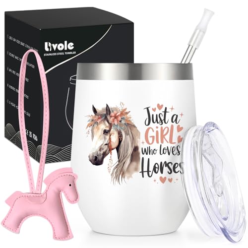 Livole Horse Gifts for Girls, Women, Her, Christmas Gifts for Girls, Best Friend, Horse Mug for Women, Just A Girl Who Loves Horses, 12oz Insulated Travel Mug, 350ml Wine Tumbler with Straw and Lid