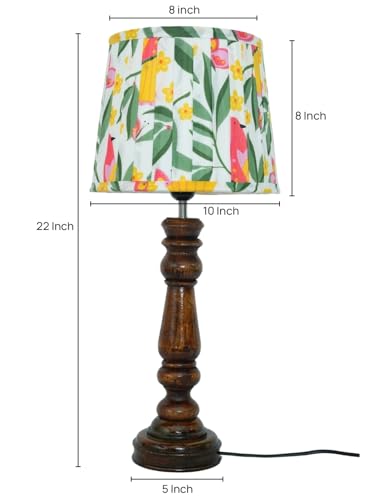 Image of Green Girgit Classic Wooden Lamp in Walnut Brown Color with Pleeted Yellow Leaves Shade, Vintage Wooden Table Lamp with Pleeted Shade, Decorative Light for Bedroom (LED Bulb Included)