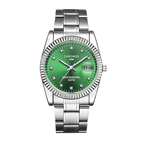 Montre Homme,Montre à Quartz Analogique Résistante à l'eau de Style Professionnel Classique,Bracelet en Acier Inoxydable,avec Fonction Calendrier(Vert) Cover