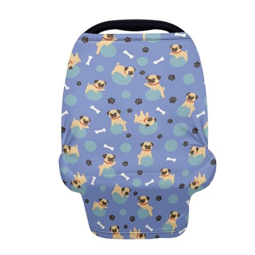 Image of Binienty Cute Pug Infant Carseat Canopy, Dog Paw Prints Breathable Breastfeeding Scarf for Moms, Stretchy Fabric All-Season Use Baby Stroller Canopies