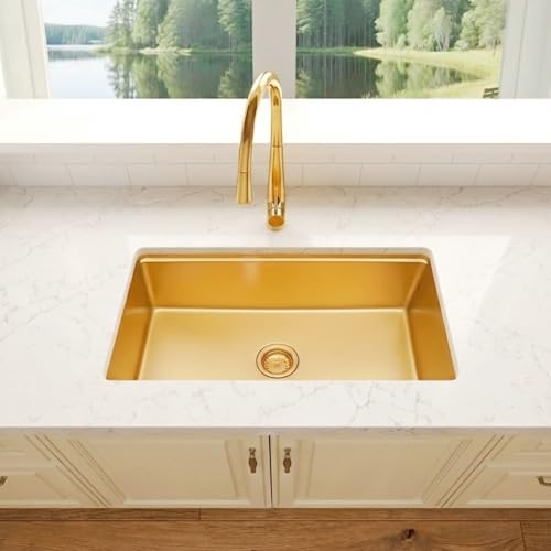Image of 30 inch Gold Undermount Kitchen Sink,Single Bowl Modern Kitchen Sink,Stainless Steel Workstation Sinks (Gold, 30 X 18 inch)