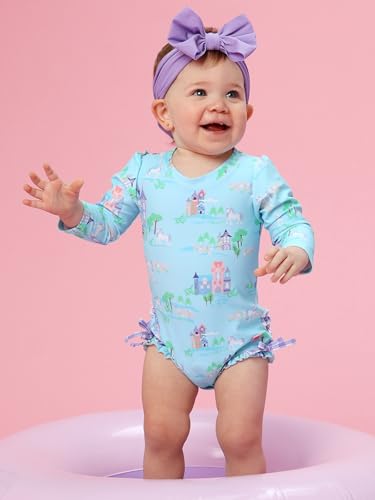 Image of RuffleButts Baby Girls UPF 50+ Sun Protection Floral Printed Long Sleeve One Piece Rash Guard Swimsuit with Zipper