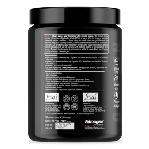 Image of Griffin Pre Workout for Men & Women | Energy, Focus, Strength & Muscle Pump with Nitrosigine 1050mg, L Citrulline 2300mg, Caffeine 200mg | 40 Servings (200 gms, Mango Strawberry Mix)