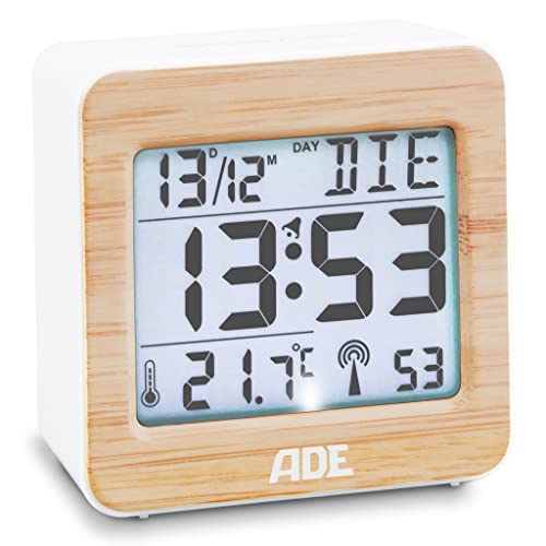ADE CK1941 Réveil Radio-piloté numérique, Horloge de Table numérique à Pile avec Signal horaire DCF, Boîtier en Bambou véritable, Écran LCD, Thermomètre pour la température ambiante, Fonction Snooze