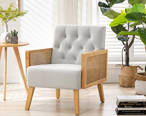 Sillón salón con reposabrazos de ratán y patas de madera silla de ratán natural transpirable sillón tapizado, silla de terciopelo para dormitorio, balcón, estudio (gris) Cover