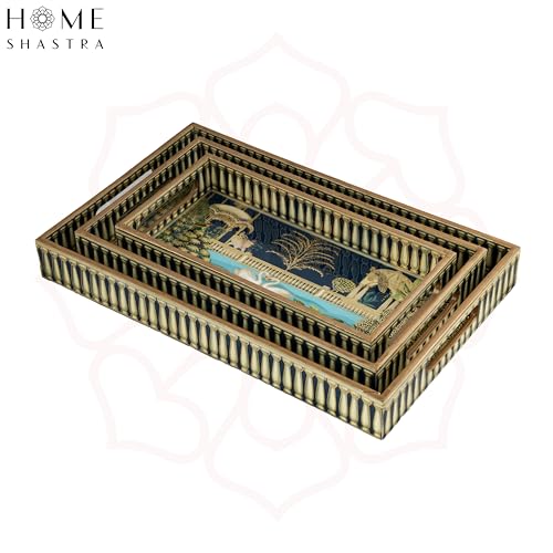 Image of Swan Wooden Serving Tray with Gold Engraving | Set of 3 | Size : 16 x 10 inch, 14 x 8 inch & 12 x 6 inch | Enamel Coated Waterproof | Rectangular | Swan Set of 3
