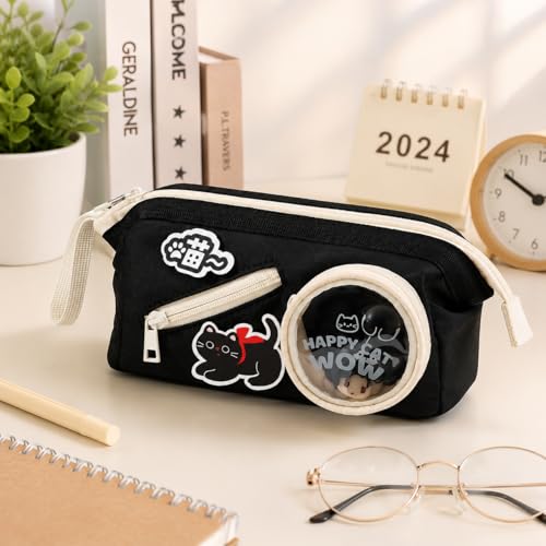 Image of Happy Cat Black Pencil Pouch for Girls & Boys, Large Capacity Multi-Compartment Zipper Pencil Case with Transparent Display Window & Front Pocket Organizer